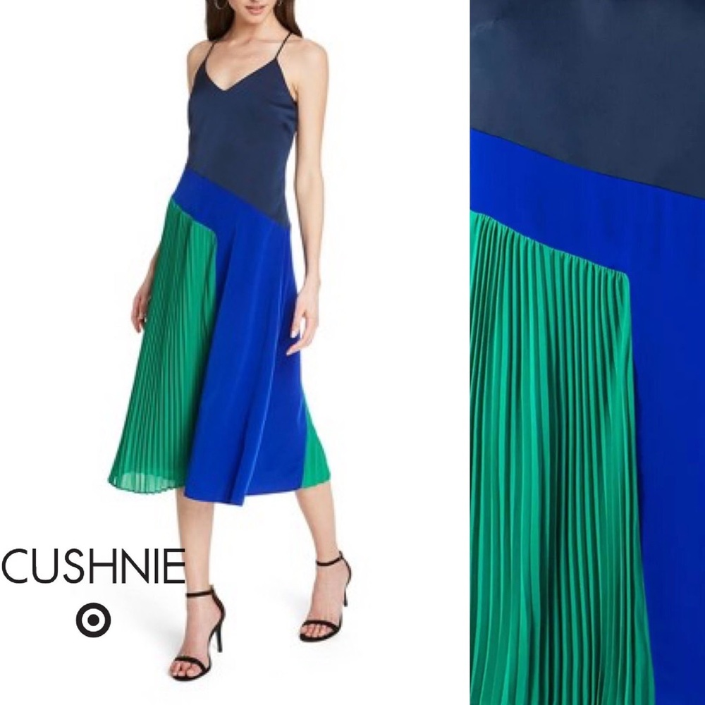 CUSHNIE Target Pleated Midi Dress Green Blue
